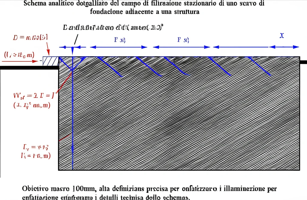 Schema analitico dettagliato del campo di filtrazione stazionario di uno scavo di fondazione adiacente a una struttura, con equazioni e diagrammi di flusso. Obiettivo macro 100mm, alta definizione, illuminazione precisa per enfatizzare i dettagli tecnici dello schema.