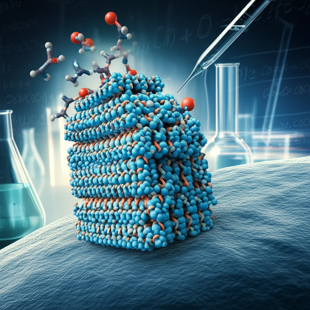 Visualizzazione artistica e scientifica del cotrasportatore sodio-iodio (NIS) sulla membrana di una cellula tiroidea, con molecole di iodio che vengono trasportate all'interno. Sfondo astratto con elementi di laboratorio e formule chimiche, illuminazione drammatica con profondità di campo, lente prime 35mm, duotone blu e ambra.