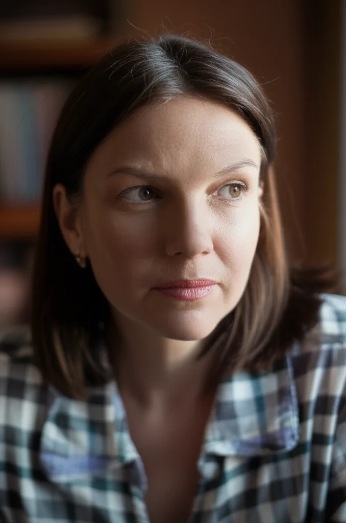 A thoughtful woman in her late 30s, 35mm portrait, depth of field, symbolizing the decision-making process in women's health.