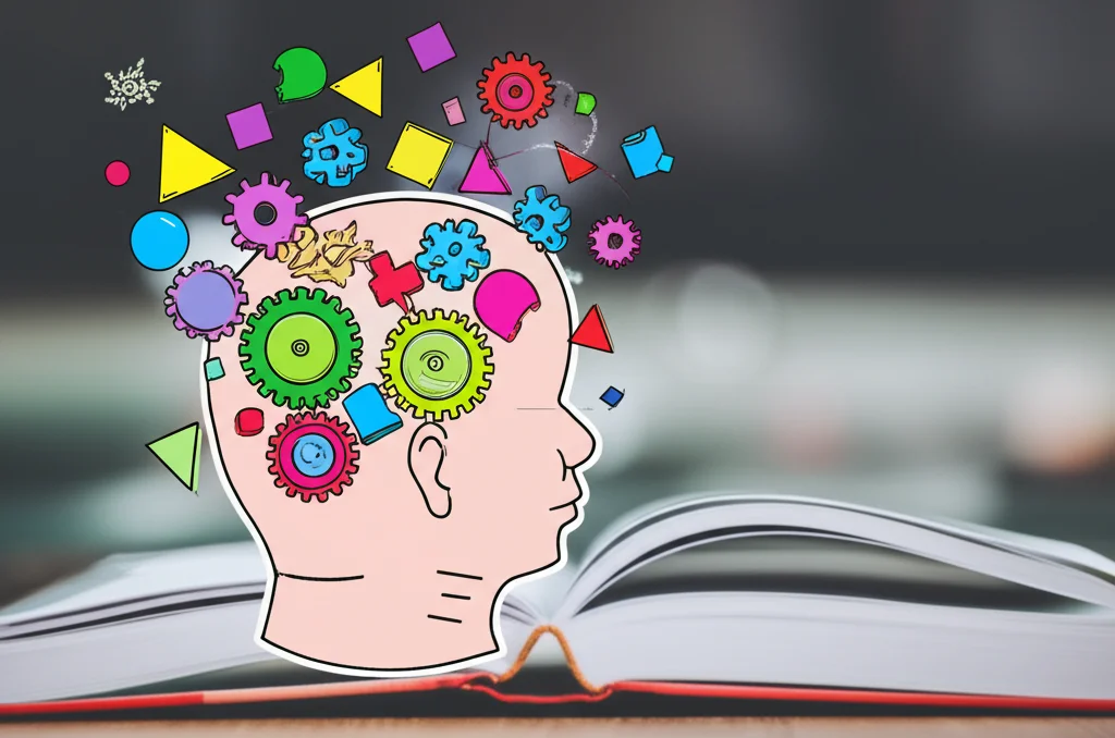 Illustrazione concettuale che mostra la testa di un bambino con ingranaggi colorati e forme geometriche che fluttuano intorno, simboleggiando lo sviluppo del pensiero spaziale. Sullo sfondo, un libro di fiabe aperto. Prime lens, 35mm, depth of field, colori vivaci e accattivanti.
