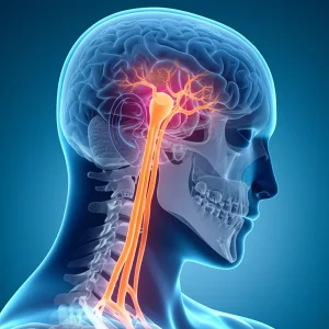 Illustrazione medica che mostra un collegamento tra un piccolo tumore incastonato nella base del cranio e ossa scheletriche fragili e fratturate in tutto il corpo, evidenziando il percorso dell'FGF-23. Stile fotorealistico con dettagli anatomici precisi, illuminazione drammatica.