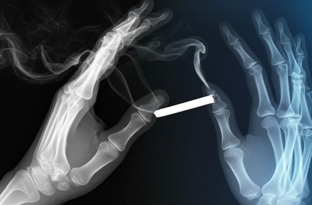 Immagine concettuale che illustra il legame tra fumo e artrite reumatoide. Una radiografia di mani con segni di artrite è semi-trasparente e sovrapposta a volute di fumo di sigaretta denso e grigiastro. Un fascio di luce mette in evidenza le articolazioni colpite e la texture del fumo. Lente prime da 50mm, profondità di campo ridotta, illuminazione laterale drammatica per creare ombre e contrasto, stile quasi monocromatico con un leggero accenno di colore freddo.
