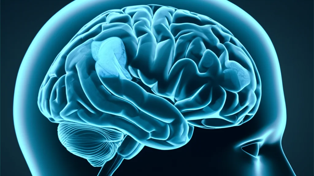 Immagine fotorealistica di un cervello umano visualizzato tramite una tecnica di imaging medico avanzata, come una risonanza magnetica (MRI) 3D. La visualizzazione mostra chiaramente la corteccia cerebrale e le strutture sottocorticali, con sottili indicazioni di alterazioni o differenze volumetriche in alcune aree, suggerendo un impatto neurologico. L'illuminazione è clinica e precisa, focalizzata sui dettagli anatomici. Obiettivo prime 35mm, profondità di campo che isola il cervello su uno sfondo neutro, con toni duotone blu e ciano per un effetto scientifico.