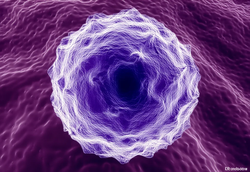 Immagine fotorealistica di un globulo bianco visto al microscopio elettronico, altissima definizione, illuminazione drammatica laterale, obiettivo macro 105mm, messa a fuoco selettiva sul nucleo cellulare viola intenso e sui granuli citoplasmatici, dettagli intricati della membrana cellulare visibili.