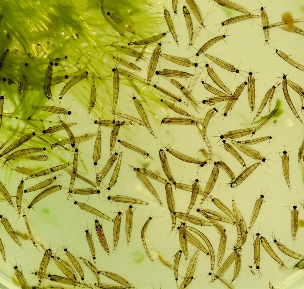 Lenti macro, 90 mm, dettagli elevati, messa a fuoco precisa, illuminazione controllata, un cluster di larve di zanzara di Culex Pipiens sospese in acqua leggermente torbida all'interno di una piastra di Petri, con sottile vegetazione acquatica verde e detriti sullo sfondo, che rappresenta un habitat di riproduzione tipico trovato in Galizia.