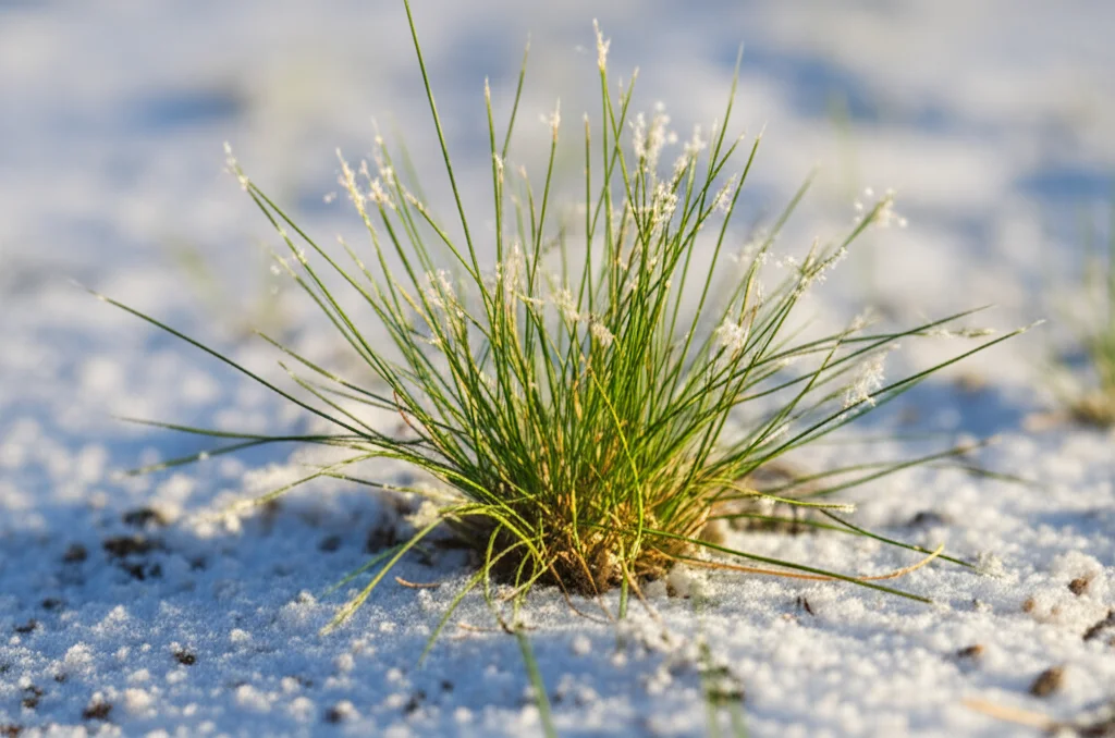 Macro fotografia di Puccinellia tenuiflora che prospera in un ambiente salino, 100mm macro lens, alta definizione, messa a fuoco precisa, illuminata dal sole, enfatizzando la sua resilienza e la texture del sale sul suolo.