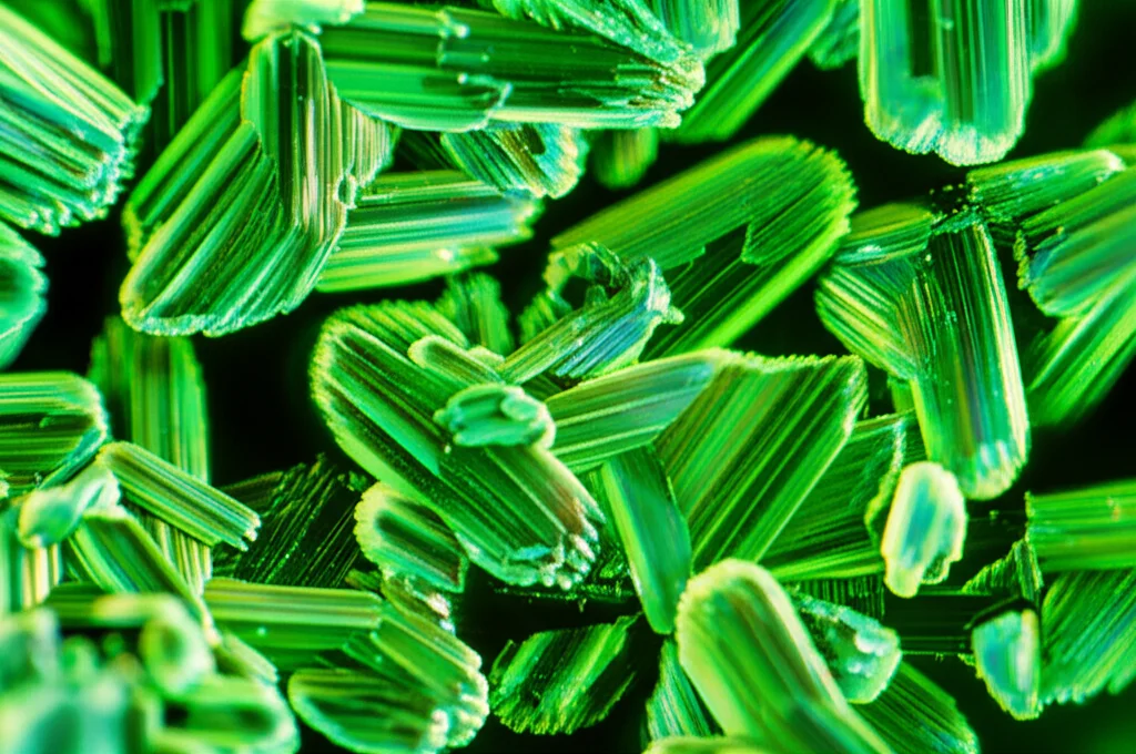 Macro photography, 80mm lens, high detail, precise focusing, controlled lighting, showing vibrant green lanthanide metal halide microcrystals synthesized at room temperature.