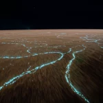Paesaggio grandangolare, obiettivo 15mm, che mostra una vasta pianura sottilmente texturizzata (ambiente eterogeneo) con diversi ammassi distinti di piccole particelle luminose (organismi) che formano pattern. Lunga esposizione per dare un senso di struttura emergente nel tempo, messa a fuoco nitida.