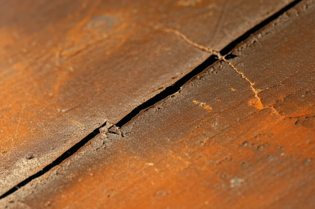 Primo piano di un dettaglio di un dipinto ad olio storico che mostra evidenti macchie di ruggine color arancio-marrone che affiorano attraverso lo strato pittorico screpolato. Luce laterale drammatica per enfatizzare la texture e il danno, obiettivo macro 90mm, alta definizione, illuminazione controllata.