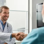 Ritratto di un professionista sanitario sorridente che stringe la mano a un paziente in un ambiente luminoso e moderno di un Ospedale Psichiatrico Diurno, simboleggiando speranza e recupero. Obiettivo da 35mm, colori caldi e rassicuranti, profondità di campo per mettere a fuoco l'interazione.