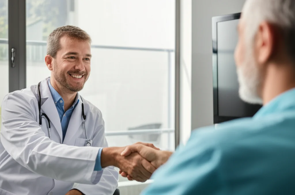 Ritratto di un professionista sanitario sorridente che stringe la mano a un paziente in un ambiente luminoso e moderno di un Ospedale Psichiatrico Diurno, simboleggiando speranza e recupero. Obiettivo da 35mm, colori caldi e rassicuranti, profondità di campo per mettere a fuoco l'interazione.