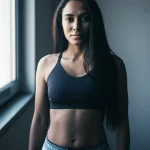 Ritratto fotografico di una donna ispanica/latina di mezza età, con un'espressione determinata e speranzosa, vestita con abbigliamento sportivo comodo, in un ambiente domestico luminoso e accogliente. La luce naturale entra da una finestra laterale, creando un leggero contrasto. Obiettivo da 35mm, profondità di campo media che sfoca leggermente lo sfondo, duotone blu e grigio per un effetto intenso ma sereno.
