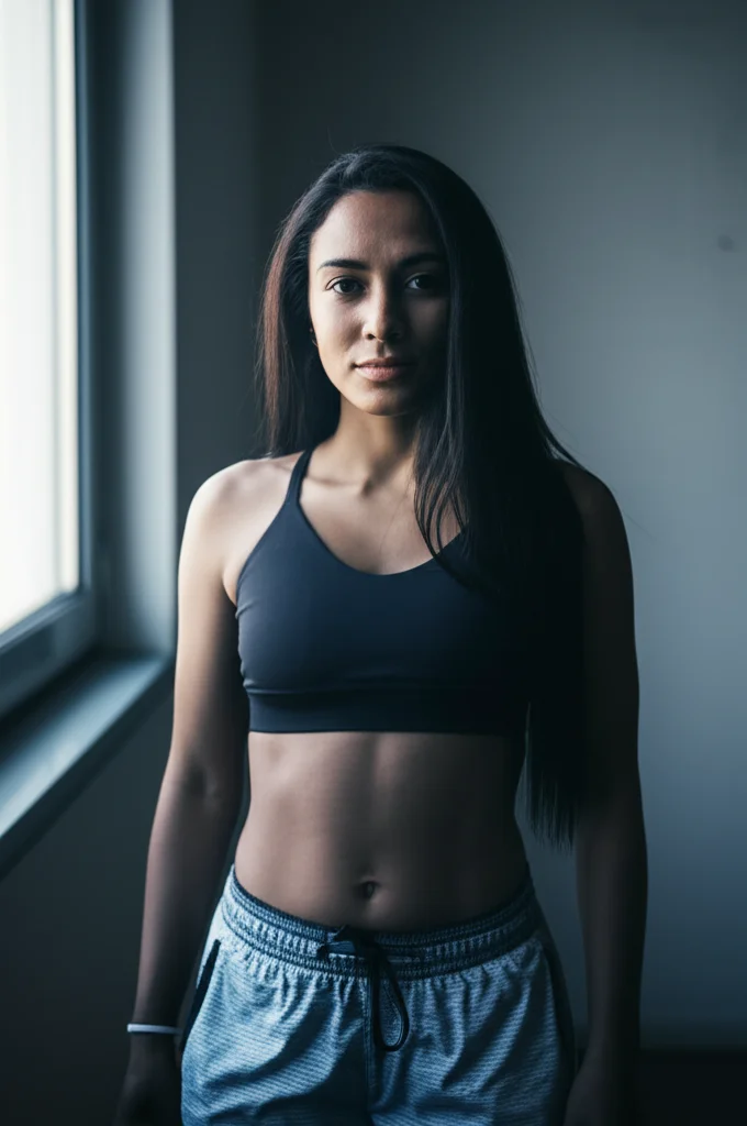 Ritratto fotografico di una donna ispanica/latina di mezza età, con un'espressione determinata e speranzosa, vestita con abbigliamento sportivo comodo, in un ambiente domestico luminoso e accogliente. La luce naturale entra da una finestra laterale, creando un leggero contrasto. Obiettivo da 35mm, profondità di campo media che sfoca leggermente lo sfondo, duotone blu e grigio per un effetto intenso ma sereno.