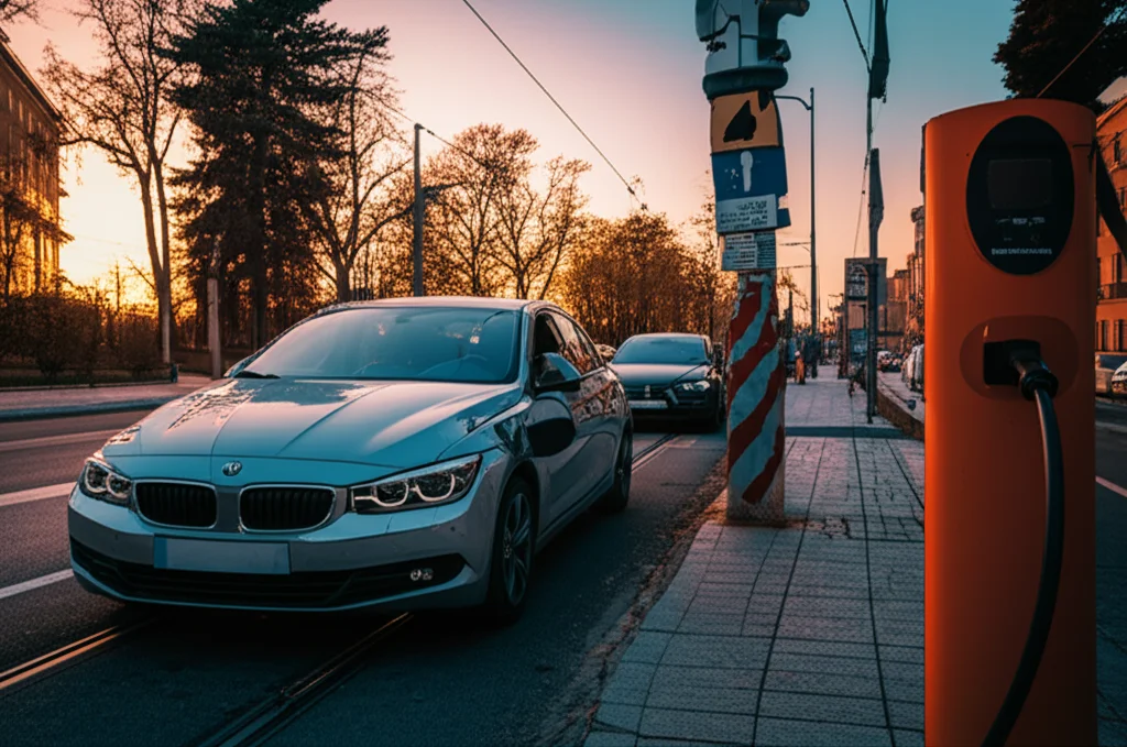 Una moderna auto elettrica in ricarica presso una colonnina in un contesto urbano rumeno al tramonto. Obiettivo prime 35mm, profondità di campo, tonalità calde e fredde (arancione e blu duotones) per un effetto suggestivo e fotorealistico.