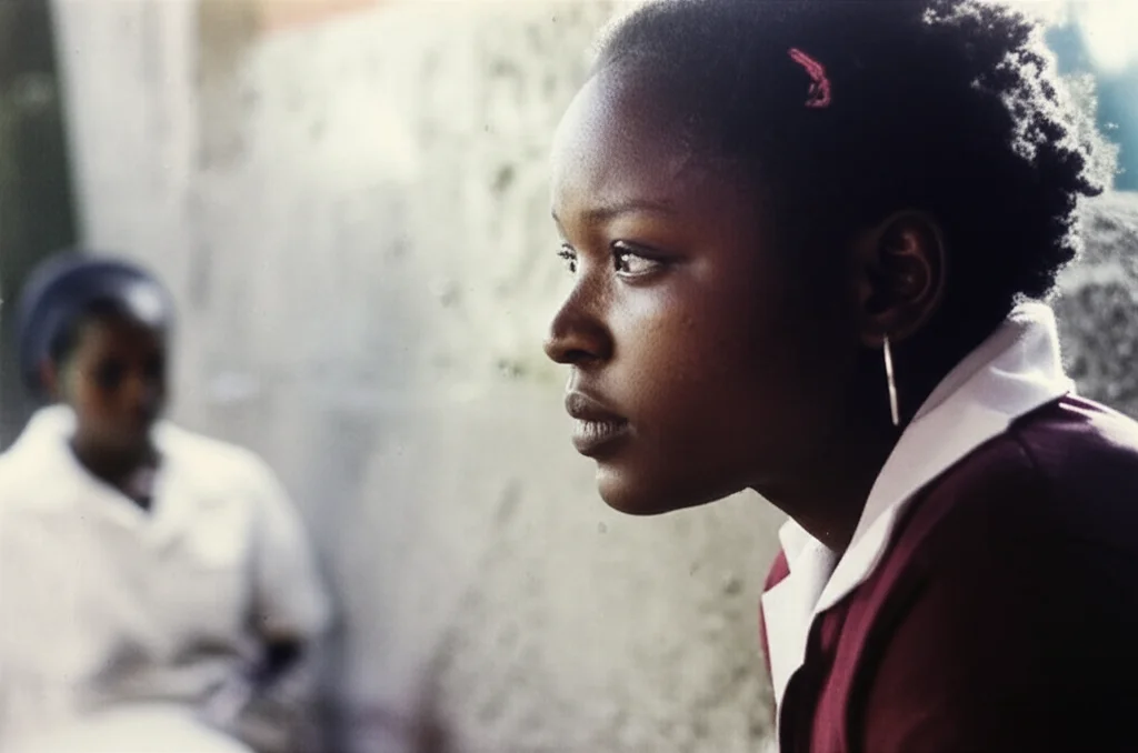 Un'infermiera liberiana in una clinica rurale guarda con attenzione una paziente, simboleggiando l'assistenza sanitaria. Lente prime da 35mm, bianco e nero con un leggero viraggio seppia per un effetto emotivo, profondità di campo che isola le figure.