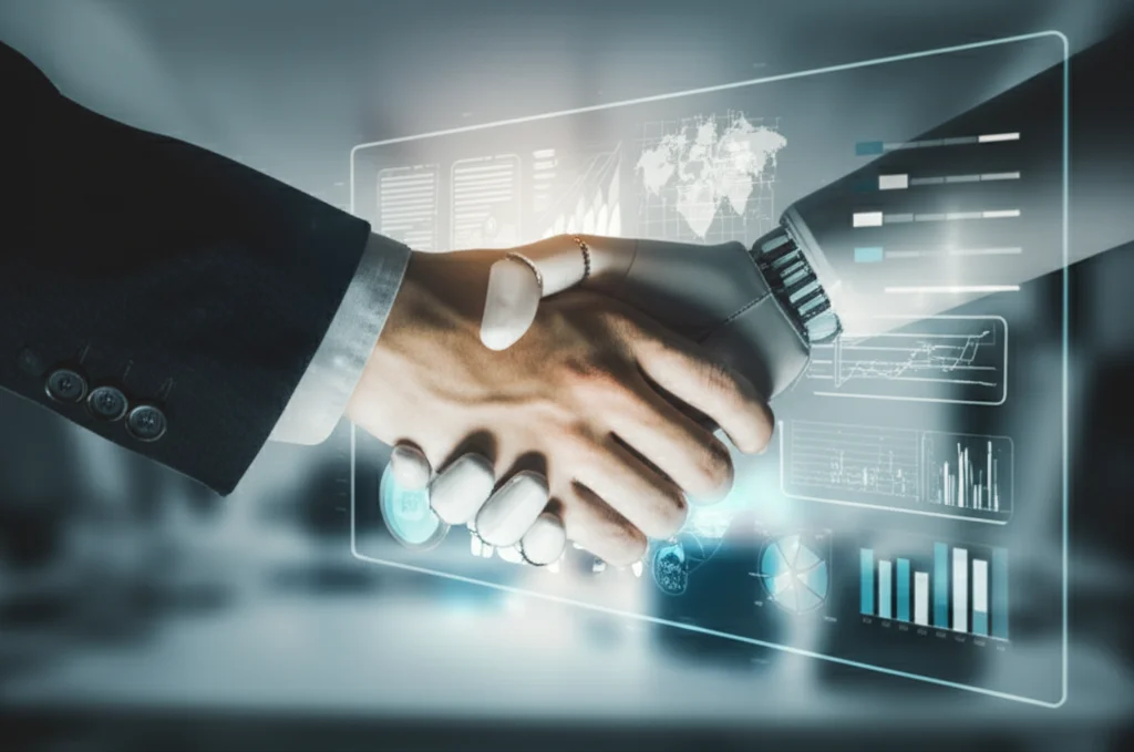 A symbolic image representing the balance between human intuition and algorithmic precision in hiring decisions. A stylized handshake between a human hand and a robotic hand over a glowing interface displaying hiring analytics. Prime lens, 35mm, depth of field, with a blend of warm (human) and cool (tech) duotones.