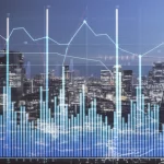 A wide-angle landscape shot of a bustling Japanese city skyline at dusk, with overlaid charts showing economic data trends. Sharp focus, 10mm wide-angle lens.