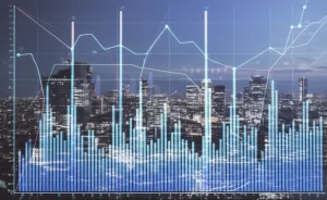 A wide-angle landscape shot of a bustling Japanese city skyline at dusk, with overlaid charts showing economic data trends. Sharp focus, 10mm wide-angle lens.