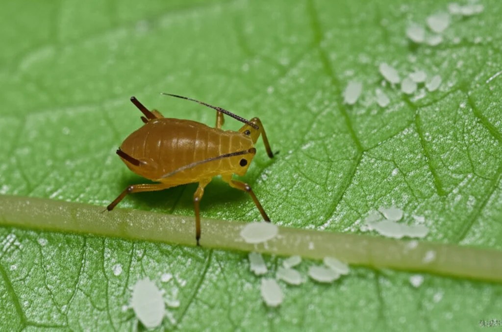 Fotografia macro ad alta definizione di un afide Semiaphis heraclei che si nutre su una pianta di Cnidium monnieri. Obiettivo macro 90mm, illuminazione da studio controllata per evidenziare i dettagli dell'insetto e la texture della pianta, messa a fuoco precisa sull'afide.