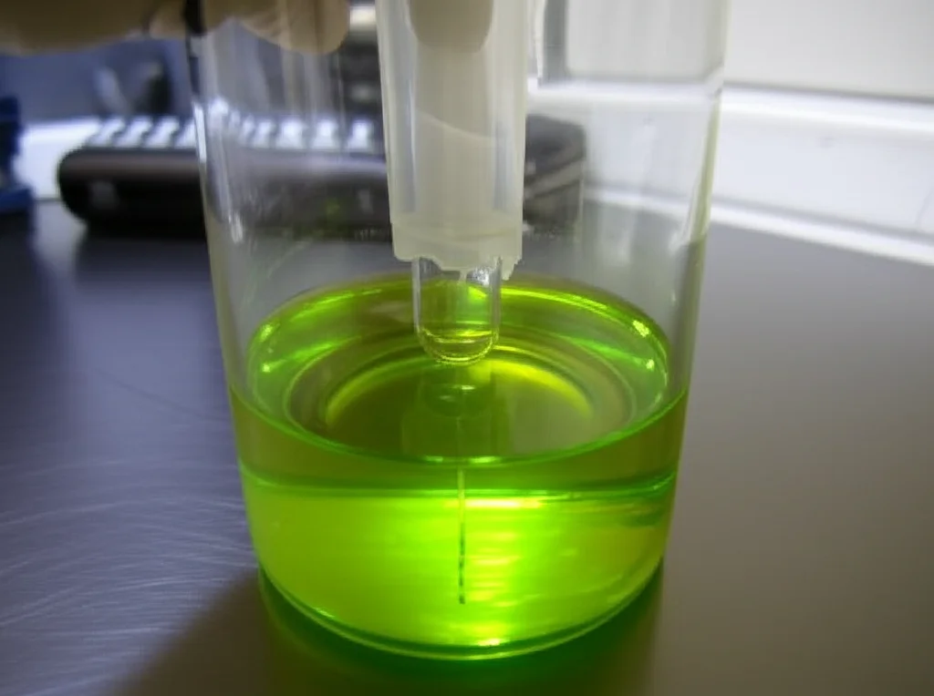 Immagine macro, obiettivo 90mm, di una cuvetta di quarzo contenente una soluzione di dutasteride che emette una debole fluorescenza bluastra sotto eccitazione UV, all'interno di uno spettrofluorimetro. Illuminazione controllata da laboratorio, alta definizione, messa a fuoco precisa sulla cuvetta, sfondo scuro per esaltare la fluorescenza.