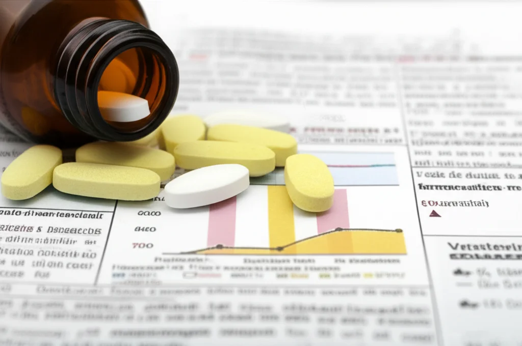 Primo piano di pillole antiretrovirali generiche e di marca sparse su un tavolo accanto a un grafico che mostra il calo della spesa farmaceutica nei Paesi Bassi. Obiettivo macro 60mm, alta definizione, illuminazione controllata per evidenziare texture e colori.
