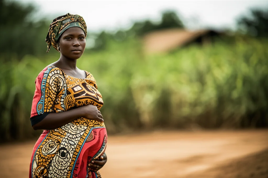 Ritratto fotografico di una donna incinta africana (circa 30 anni) nell'Africa Subsahariana, sguardo pensieroso ma resiliente. Sfondo leggermente sfocato che suggerisce un ambiente rurale. Luce naturale calda del tardo pomeriggio. Prime lens, 50mm, depth of field, colori caldi e terrosi.