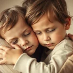 Ritratto fotografico toccante di un genitore che abbraccia con affetto il proprio bambino piccolo, entrambi con un'espressione serena e connessa. La luce è naturale e soffusa, quasi eterea, mettendo in risalto l'intimità del momento. Obiettivo da 50mm, profondità di campo ridotta per focalizzare l'attenzione sui volti e sull'abbraccio, toni caldi e avvolgenti, quasi un duotono crema e marrone chiaro.