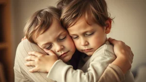 Ritratto fotografico toccante di un genitore che abbraccia con affetto il proprio bambino piccolo, entrambi con un'espressione serena e connessa. La luce è naturale e soffusa, quasi eterea, mettendo in risalto l'intimità del momento. Obiettivo da 50mm, profondità di campo ridotta per focalizzare l'attenzione sui volti e sull'abbraccio, toni caldi e avvolgenti, quasi un duotono crema e marrone chiaro.