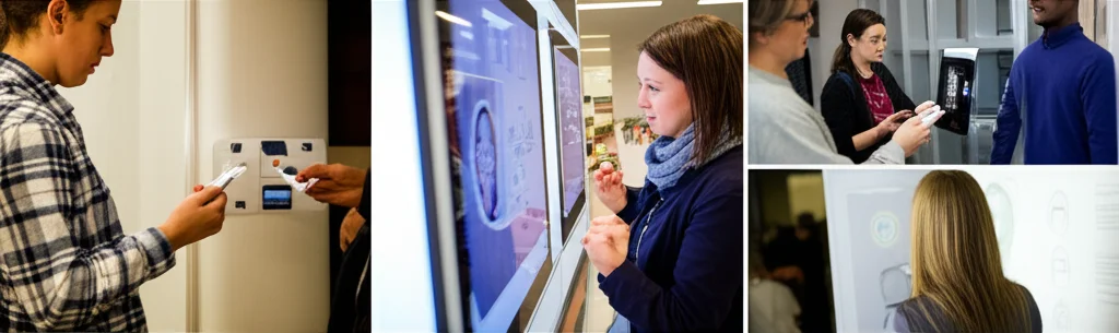 Un collage di immagini che mostra diverse persone interagire con display pubblici intelligenti in un ambiente universitario. Alcuni usano una carta RFID, altri guardano uno schermo con un'interfaccia di riconoscimento facciale. L'illuminazione è varia, suggerendo diversi momenti della giornata. Teleobiettivo zoom, 100-400mm, per catturare sia dettagli che contesti ampi, con un leggero effetto di profondità di campo.