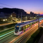 Veduta grandangolare della città di Utsunomiya al tramonto, con le luci della città accese e le scie luminose di un moderno tram LRT che attraversa il paesaggio urbano. Obiettivo grandangolare 15mm, lunga esposizione per creare scie luminose fluide, messa a fuoco nitida sull'orizzonte urbano.