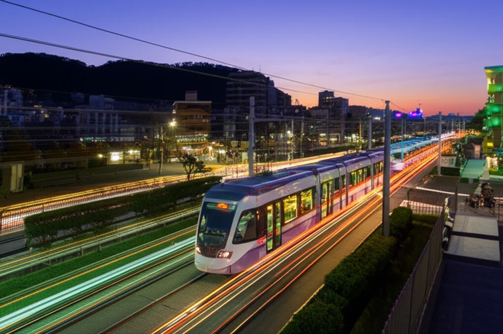 Veduta grandangolare della città di Utsunomiya al tramonto, con le luci della città accese e le scie luminose di un moderno tram LRT che attraversa il paesaggio urbano. Obiettivo grandangolare 15mm, lunga esposizione per creare scie luminose fluide, messa a fuoco nitida sull'orizzonte urbano.