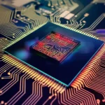 Visualizzazione 3D fotorealistica di un chip microelettronico, 60mm macro lens, alta definizione, illuminazione controllata da studio. In primo piano, un amplificatore di rilevamento differenziale cross-coupled con componenti memristore chiaramente evidenziati in un colore contrastante, integrati tra i transistor CMOS. Lo sfondo mostra le intricate tracce metalliche del chip.