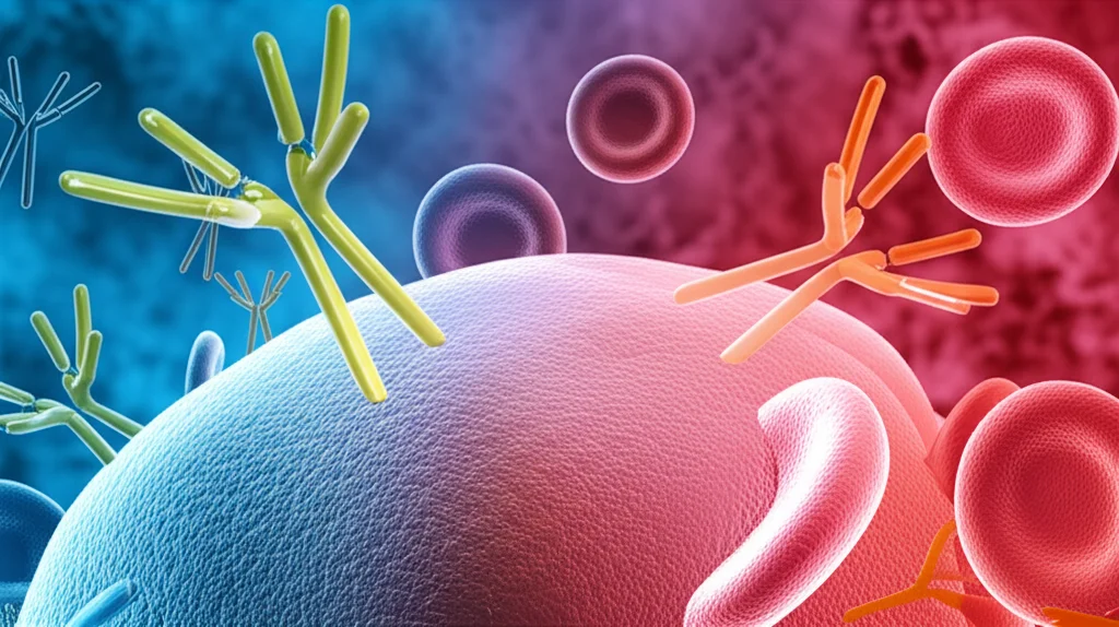 Visualizzazione artistica e concettuale del sistema immunitario che attacca erroneamente i globuli rossi, con anticorpi stilizzati (simili a Y gialli) che si legano alle cellule del sangue rosse, su uno sfondo astratto con sfumature blu e rosse per rappresentare i tipi di AIHA (fredda e calda), alta definizione, illuminazione drammatica.