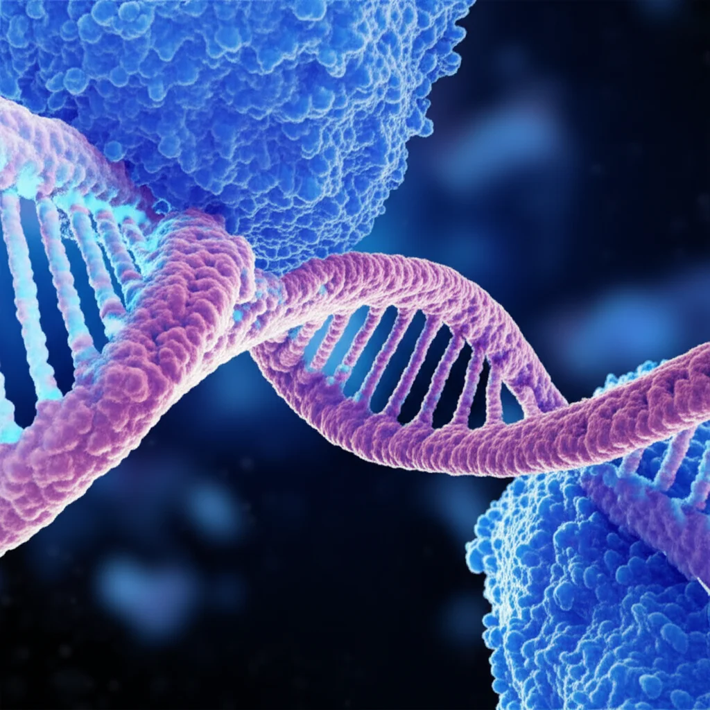 Visualizzazione artistica e scientifica di un RNA Obelisco con la sua caratteristica struttura a forcina, circondato da elementi che richiamano il microbioma orale e cellule batteriche. Macro lens, 90mm, high detail, precise focusing, controlled lighting, con un leggero effetto 'profondità di campo' per mettere a fuoco l'Obelisco.