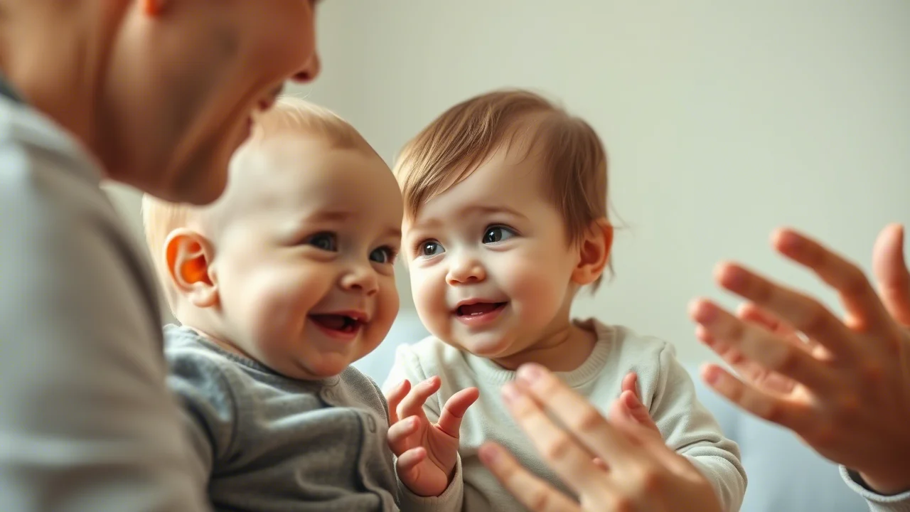 A photorealistic image of a curious baby interacting playfully with an adult, hinting at early communication development through social cues. 35mm portrait lens, natural lighting, high detail.