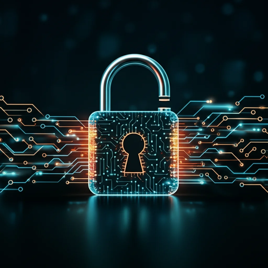 Concetto visivo di sicurezza informatica avanzata: un lucchetto digitale sovrapposto a flussi di dati astratti e luminosi che si intrecciano con una struttura a blocchi simile alla blockchain, obiettivo 50mm, profondità di campo, illuminazione drammatica.