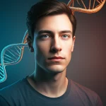 Immagine concettuale di una doppia elica di DNA con segmenti specifici illuminati che rappresentano le varianti del gene ERF, sovrapposta a un ritratto stilizzato e sfocato di un volto con caratteristiche Noonan-like. Lente prime 50mm, profondità di campo, toni duo blu e arancione per contrasto tra genetica e fenotipo.