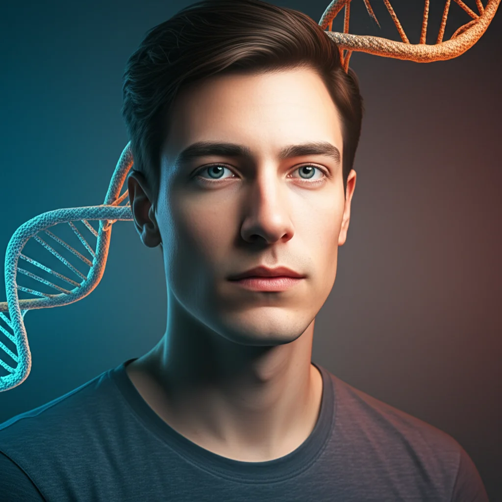 Immagine concettuale di una doppia elica di DNA con segmenti specifici illuminati che rappresentano le varianti del gene ERF, sovrapposta a un ritratto stilizzato e sfocato di un volto con caratteristiche Noonan-like. Lente prime 50mm, profondità di campo, toni duo blu e arancione per contrasto tra genetica e fenotipo.