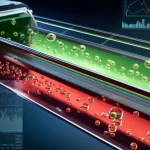 Immagine fotorealistica di un flusso di fluido multifase visualizzato digitalmente, con bolle d'aria che si muovono attraverso un liquido colorato all'interno di un canale trasparente, sovrapposto a grafici di dati scientifici e schemi di un adattatore tecnologico. Illuminazione drammatica, profondità di campo, obiettivo prime 35mm, stile cinematografico high-tech.