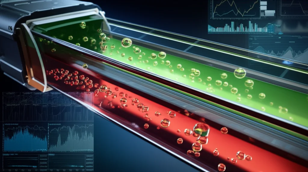 Immagine fotorealistica di un flusso di fluido multifase visualizzato digitalmente, con bolle d'aria che si muovono attraverso un liquido colorato all'interno di un canale trasparente, sovrapposto a grafici di dati scientifici e schemi di un adattatore tecnologico. Illuminazione drammatica, profondità di campo, obiettivo prime 35mm, stile cinematografico high-tech.
