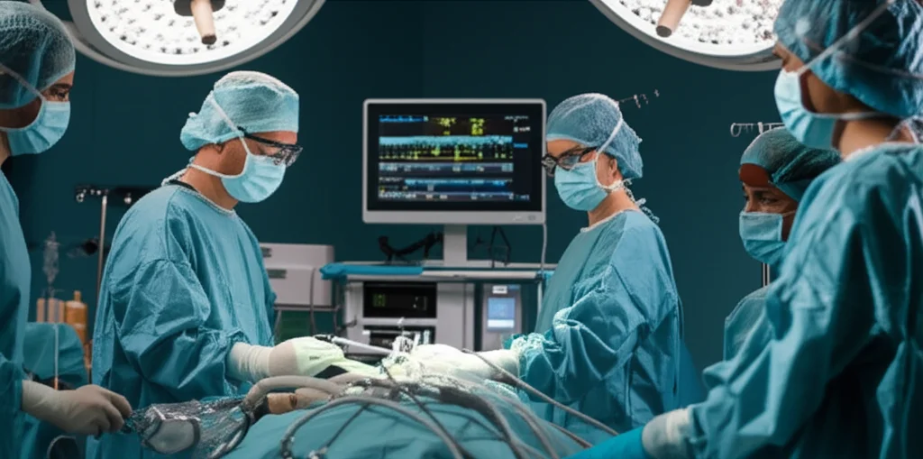 Immagine fotorealistica di un team medico in una sala operatoria high-tech durante una procedura ECPR, con focus sulla macchina cuore-polmoni e sul monitoraggio del paziente. Obiettivo prime da 35mm, illuminazione drammatica con contrasti netti, stile 'film noir' per sottolineare la criticità del momento, profondità di campo.