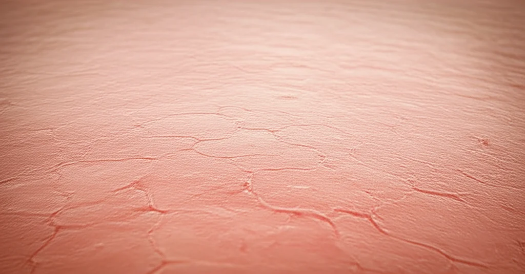 Immagine fotorealistica, macro lens (70mm), che mostra un primo piano di cellule della pelle infiammate con rossore e texture evidenti, in transizione verso cellule della pelle più sane, alto dettaglio, illuminazione controllata, rappresentando il bersaglio terapeutico di Ucenprubart per le malattie infiammatorie della pelle.