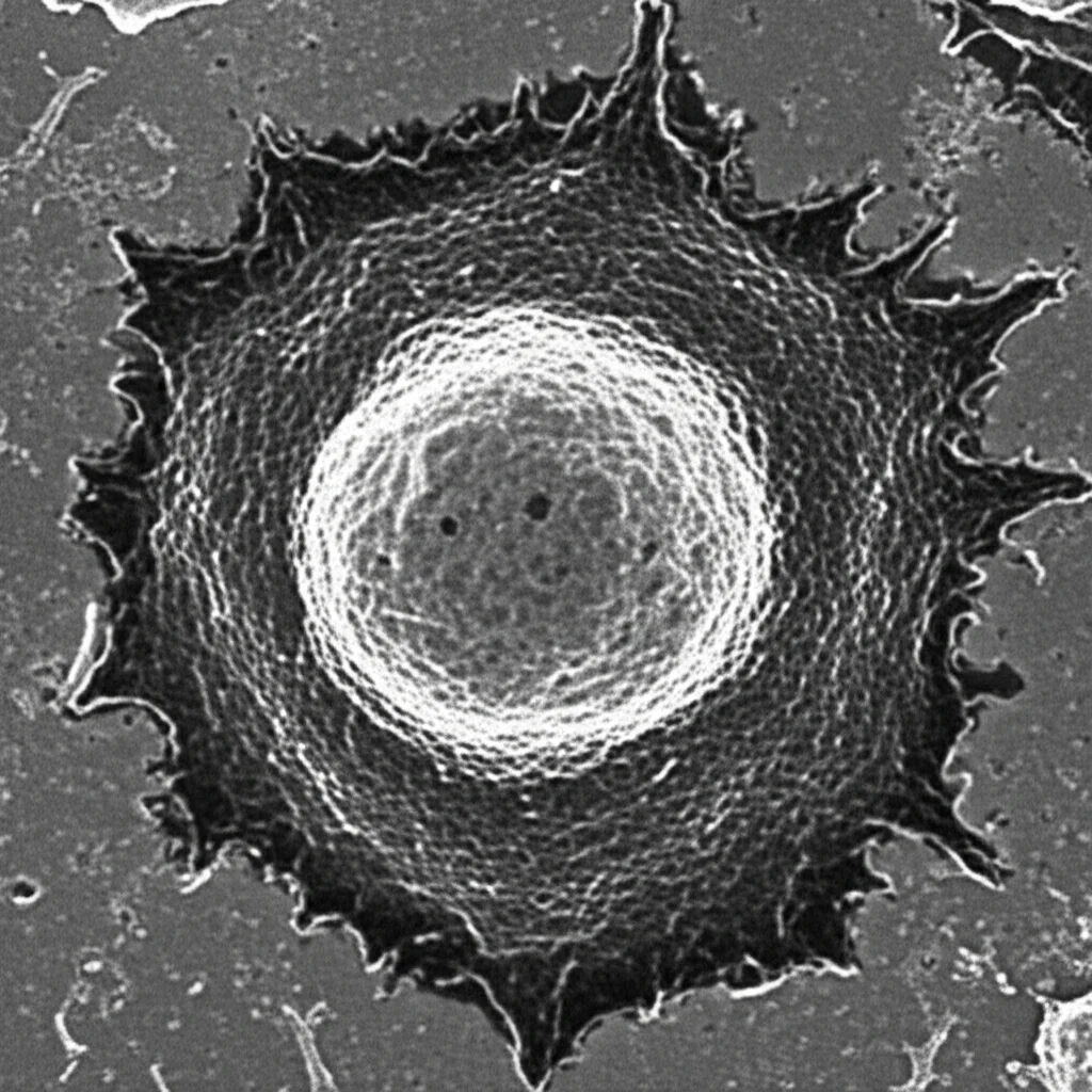 Microscopia elettronica a scansione di una cellula NK-92 (sinistra) che interagisce strettamente con una cellula di neuroblastoma (destra), mostrando le microvillosità superficiali. Alta risoluzione, illuminazione controllata, messa a fuoco precisa sui punti di contatto, stile scientifico realistico, bianco e nero con dettagli accentuati.