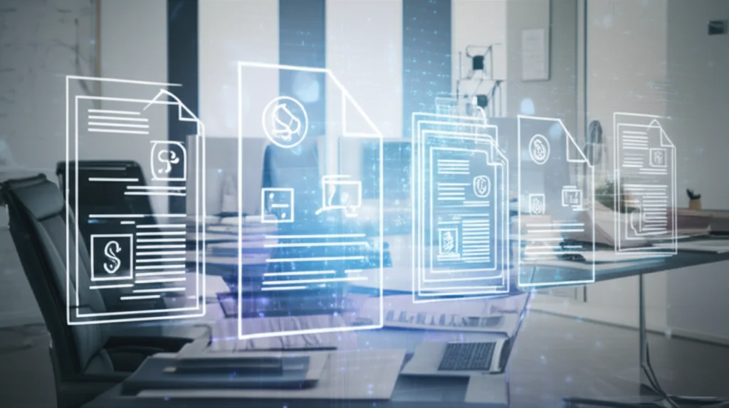Photorealistic, 24mm wide-angle shot of a modern legal office with glowing digital overlays on documents and screens, symbolizing automated analysis of legal contracts. Depth of field focuses on the digital elements.