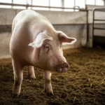 Primo piano di una scrofa sana in gestazione in un ambiente pulito, luce naturale morbida, obiettivo 35mm, profondità di campo che sfoca leggermente lo sfondo, immagine realistica.