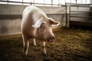 Primo piano di una scrofa sana in gestazione in un ambiente pulito, luce naturale morbida, obiettivo 35mm, profondità di campo che sfoca leggermente lo sfondo, immagine realistica.