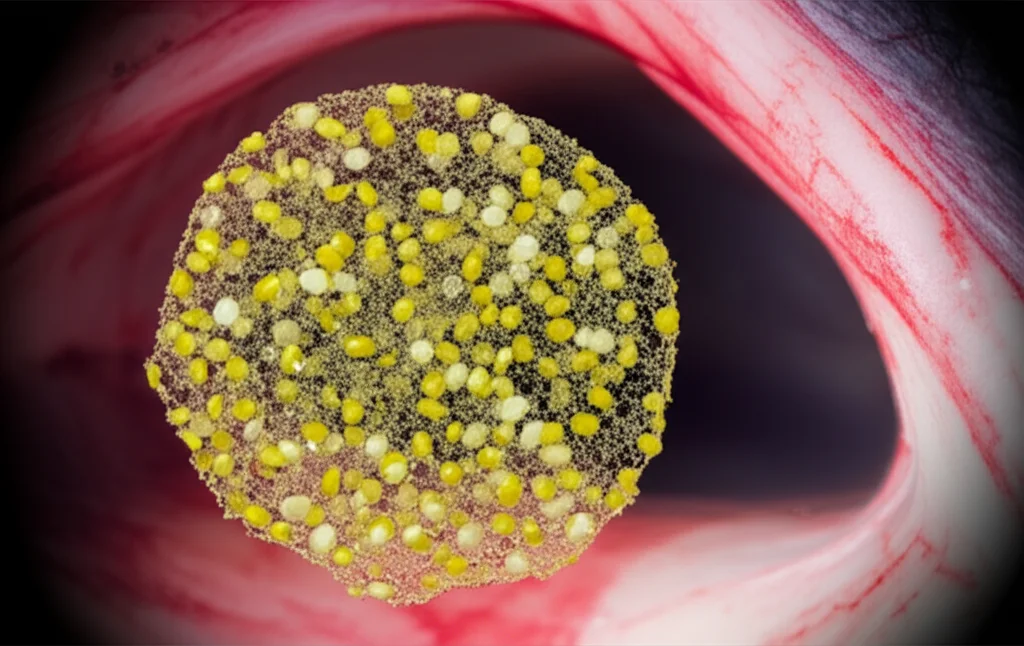 Un'immagine concettuale che mostra una spugna di gelatina biocompatibile di colore chiaro, dalla texture porosa, infusa con un gel polimerico visibilmente caricato di farmaci (minuscole particelle gialle di curcumina e bianche di apatinib distribuite uniformemente), posizionata all'interno di una cavità chirurgica simulata su un fondo che ricorda tessuto biologico. Lente macro 100mm, alta definizione, illuminazione da studio diffusa per un aspetto pulito e scientifico, con un leggero effetto di profondità di campo per focalizzare l'attenzione sulla spugna e sui farmaci al suo interno.