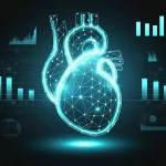 Un'immagine concettuale di un cuore umano digitale stilizzato, con linee di codice binarie e grafici di dati che si sovrappongono e lo attraversano, simboleggiando l'intersezione tra medicina cardiologica e machine learning. L'immagine è un oggetto still life, obiettivo macro 60mm, alta definizione, con illuminazione controllata per far risaltare i dettagli digitali su uno sfondo scuro e tecnologico.