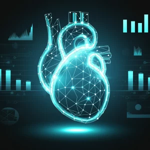 Un'immagine concettuale di un cuore umano digitale stilizzato, con linee di codice binarie e grafici di dati che si sovrappongono e lo attraversano, simboleggiando l'intersezione tra medicina cardiologica e machine learning. L'immagine è un oggetto still life, obiettivo macro 60mm, alta definizione, con illuminazione controllata per far risaltare i dettagli digitali su uno sfondo scuro e tecnologico.