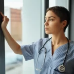Un'infermiera con un'espressione pensierosa ma resiliente guarda fuori da una finestra d'ospedale, simboleggiando il capitale psicologico e la speranza. Fotografia di ritratto, obiettivo da 35mm, luce naturale soffusa che illumina il viso, profondità di campo per sfocare leggermente lo sfondo esterno.